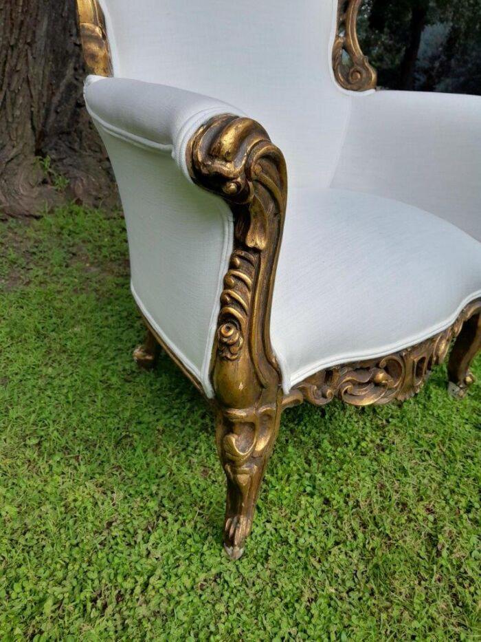 A French Style Pair of Ornately Carved Gilt Wood Armchairs - Image 6