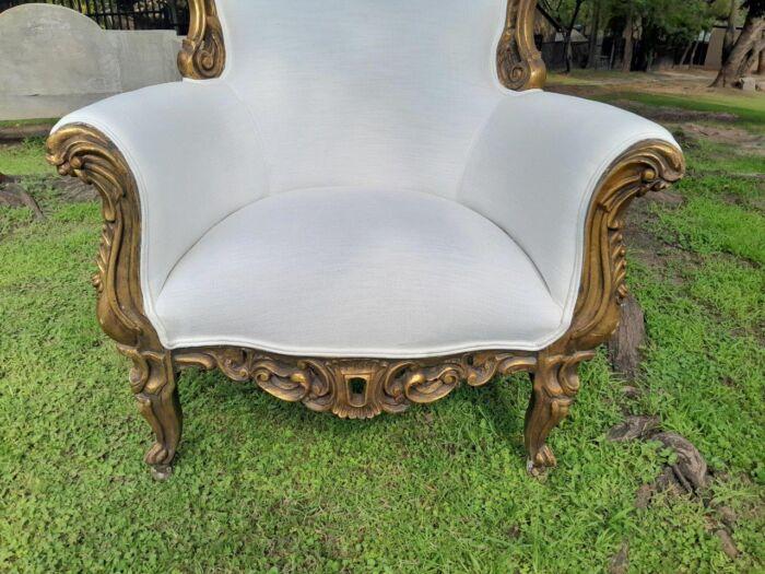 A French Style Pair of Ornately Carved Gilt Wood Armchairs - Image 7