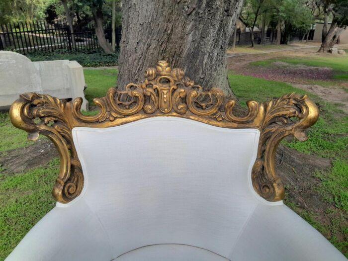 A French Style Pair of Ornately Carved Gilt Wood Armchairs - Image 8