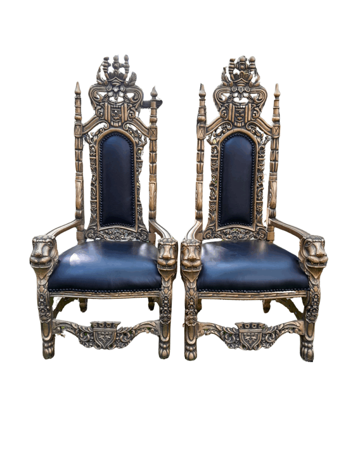 A 20th Century Pair Of French Style Carved and Gilded King / Throne Armchairs Upholstered in Leather