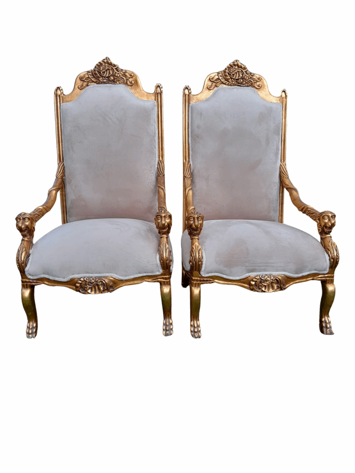 An Exceptional Pair of 20th Century French Style Ornately Carved & Giltwood Throne Chairs