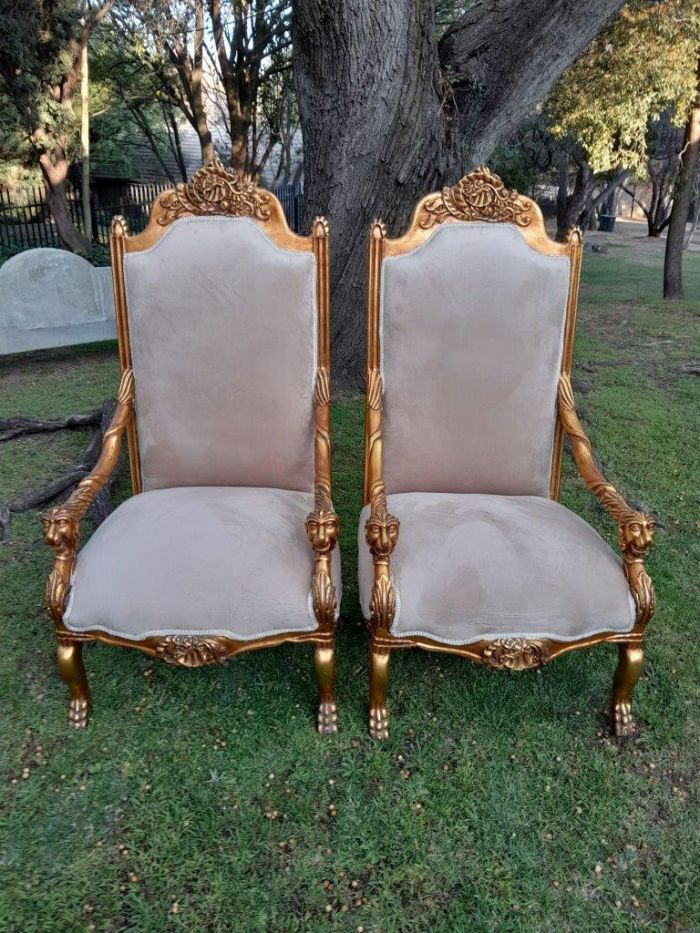 An Exceptional Pair of 20th Century French Style Ornately Carved & Giltwood Throne Chairs - Image 3