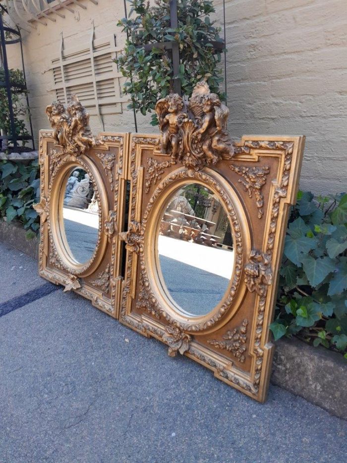 An Exceptional Pair of 20th Century French Style Ornately Carved and Gilded Bevelled Mirrors with Cherubs - Image 6