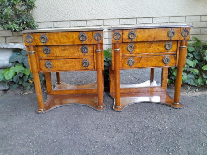 A Pair of Biedermeier Style Walnut Pedestals/Side Tables with Marble Tops