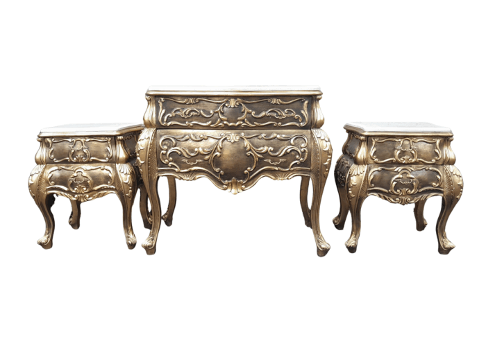 A Set of French Rococo Style Ornately Carved and Gilded Chest of Drawers and Pair of Side Tables with Marble Top