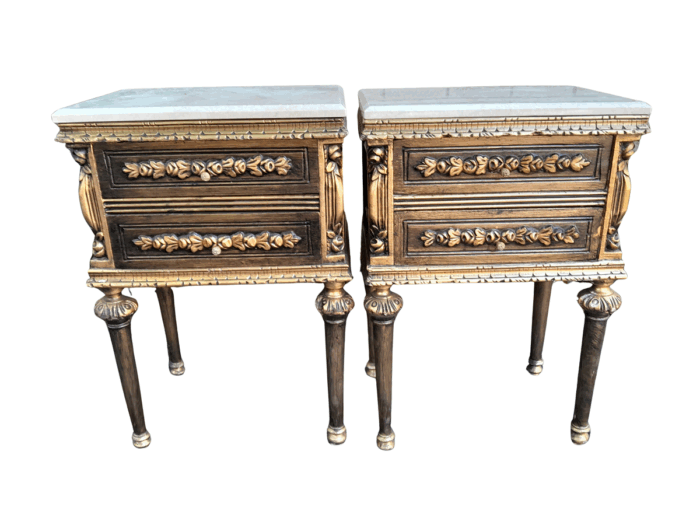 A Pair of French Style Ornately Carved Giltwood Pedestals / Side Tables with Cream Marble Tops