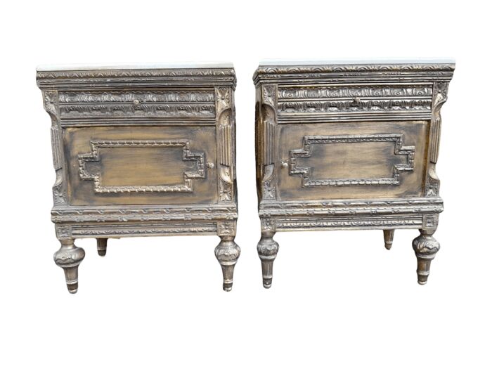 A Pair of French Style Ornately Carved Giltwood Pedestals / Side Tables with Cream Marble Tops