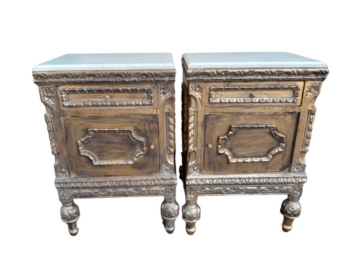 A Pair of French Style Ornately Carved Giltwood Pedestals / Side Tables with Marble Tops