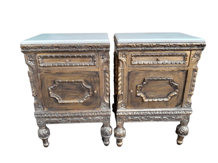A Pair of French Style Ornately Carved Giltwood Pedestals / Side Tables with Marble Tops