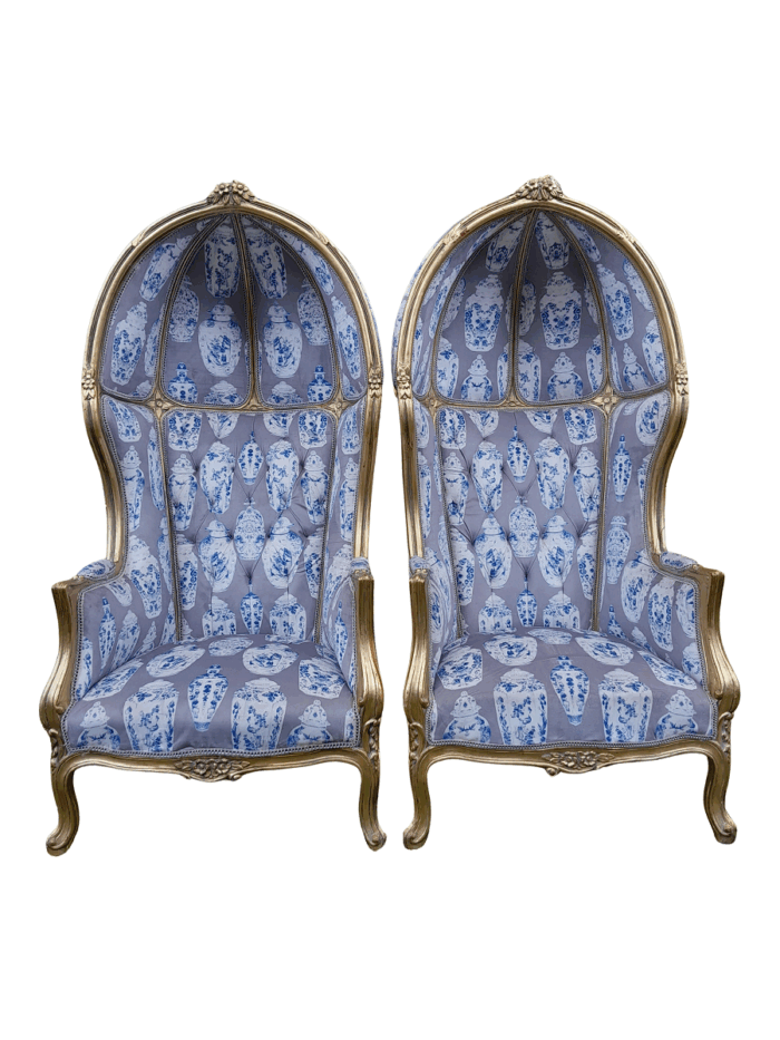 A Pair of French Style Carved and Gilded Wooden Dome / Canopy Chairs (Dome Modelled on The Famous Louis XV Chair)