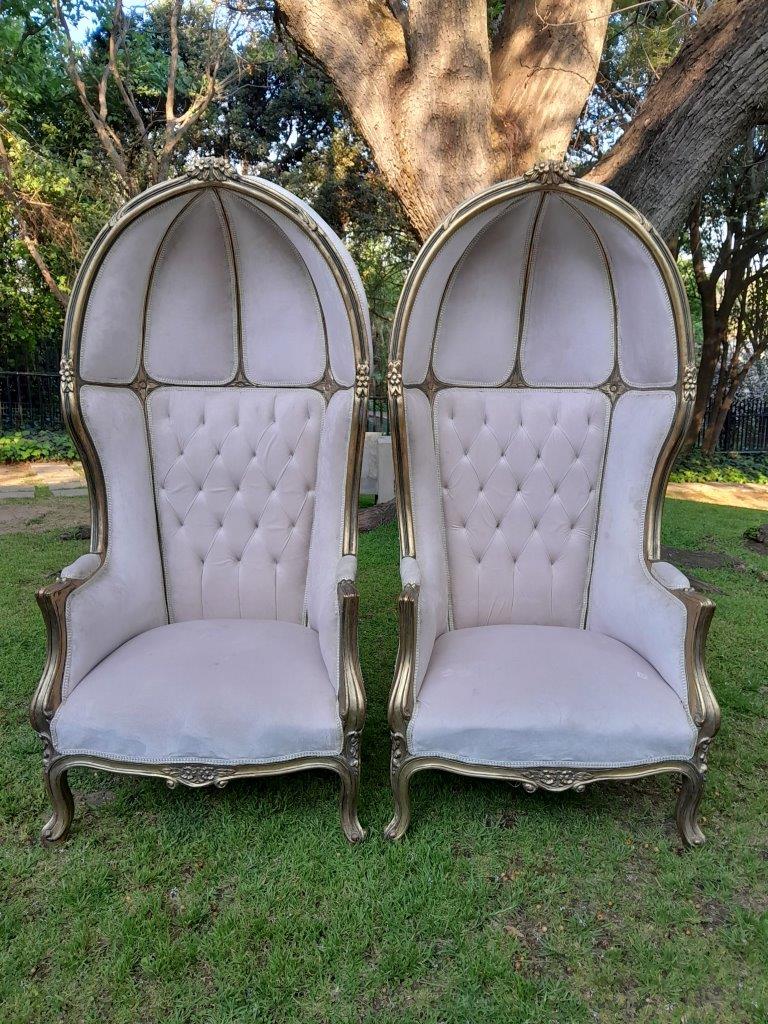 A Pair of French Style Carved and Gilded Wooden Dome / Canopy Chairs (Dome Modelled on The Famous Louis XV Chair)