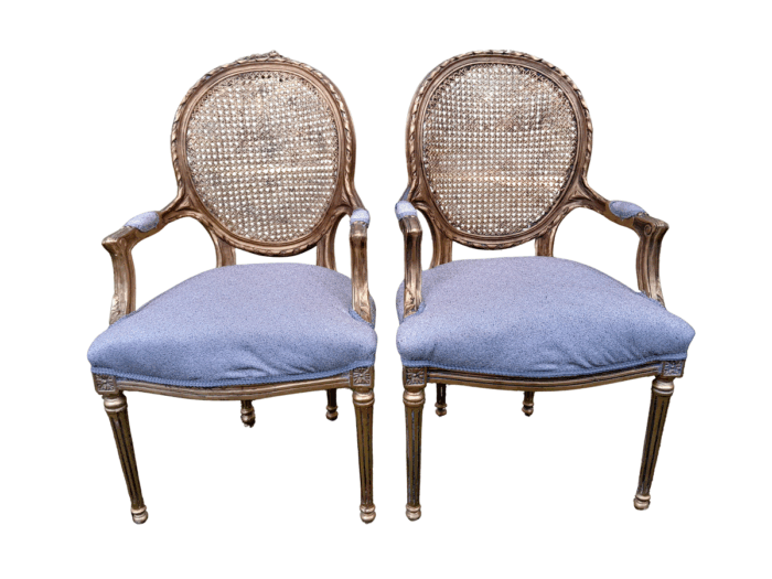 A Pair of 20th Century French Style Rattan-Back Gilded Arm Chairs