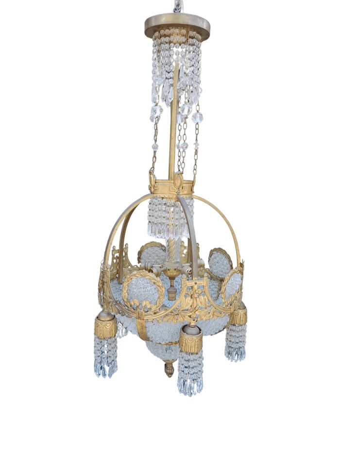 A 20th Century French Style Brass & Aged Crystal Chandelier