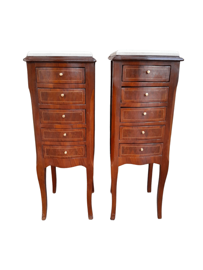 A Pair Of 20th Century French Style Walnut With Inlaid Pedestals With  Five Drawers And Cream Marble Top And Brass Handles
