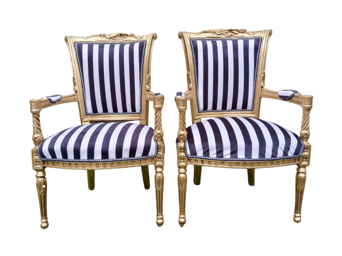 A Pair Of 20th Century French Louis XVI Styled Ornately Carved And Gilded Fautelli Chairs (various upholstery options - please specify your preference)