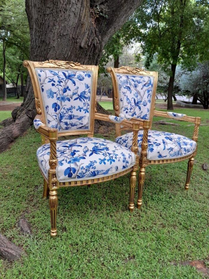 A Pair Of 20th Century French Louis XVI Styled Ornately Carved And Gilded Fautelli Chairs (various upholstery options - please specify your preference) - Image 14