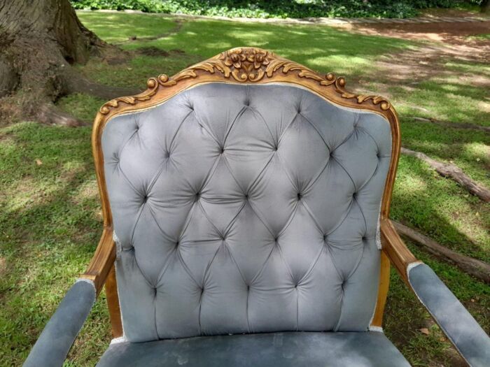 A French Style Pair Of Ornately Carved Gilt Wood Armchairs - Image 6