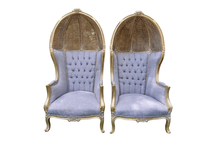 A Pair Of French Style Carved And Gilded Wood & Rattan Dome / Canopy Chairs (Dome Modelled On The Famous Louis XV Chair)