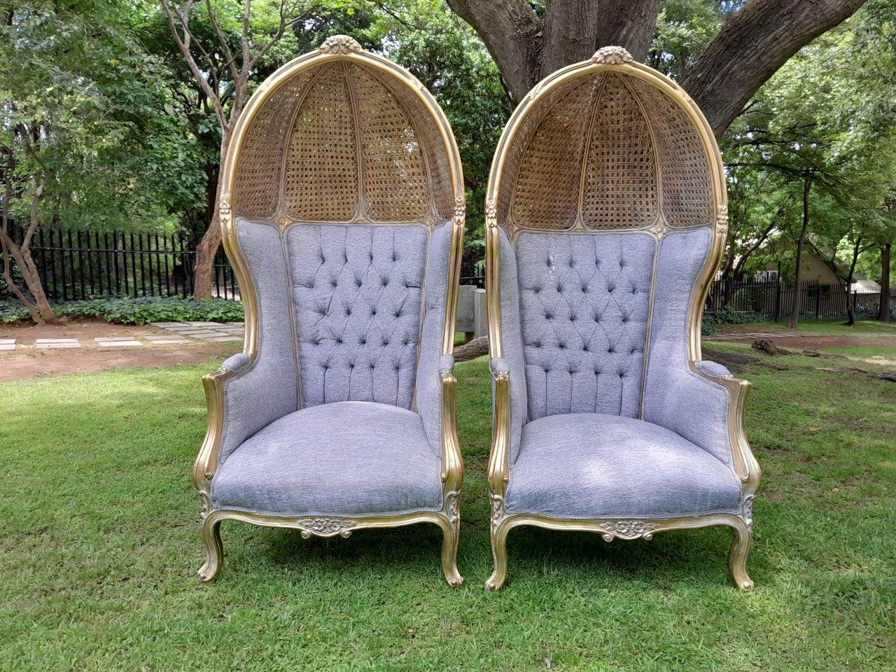 A Pair Of French Style Carved And Gilded Wood & Rattan Dome / Canopy Chairs (Dome Modelled On The Famous Louis XV Chair)