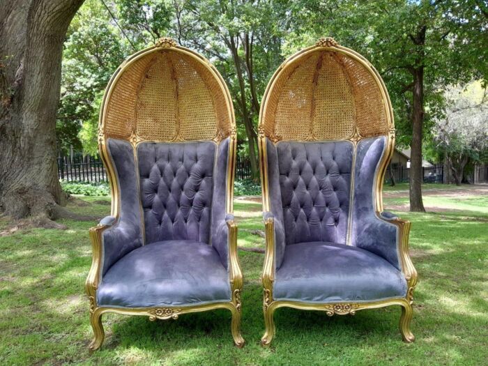 A Pair Of French Style Carved And Gilded Wood & Rattan Dome / Canopy Chairs (Dome Modelled On The Famous Louis XV Chair) - Image 7