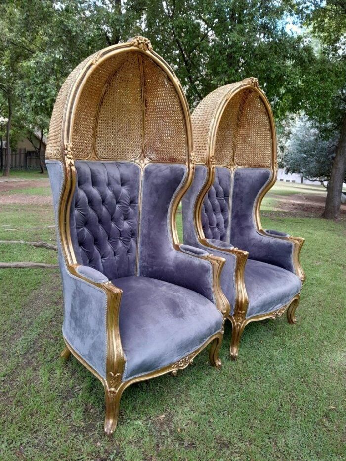 A Pair Of French Style Carved And Gilded Wood & Rattan Dome / Canopy Chairs (Dome Modelled On The Famous Louis XV Chair) - Image 9