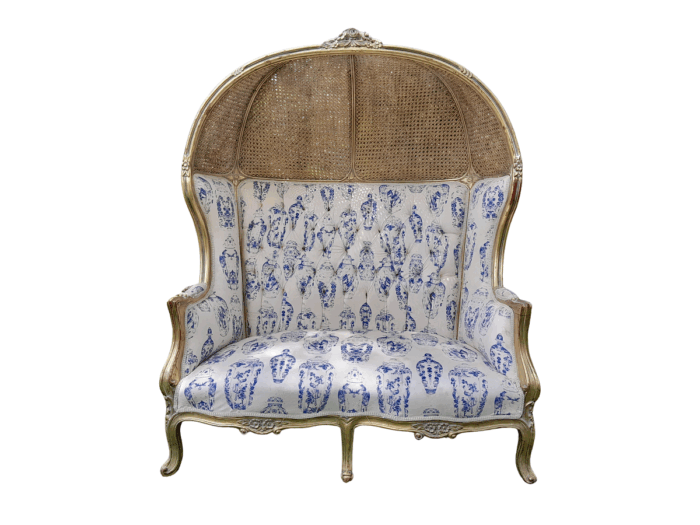 French Style Carved And Gilded Rattan & Wood Dome / Canopy Settee (Dome Modelled On The Famous Louis XV Chair)