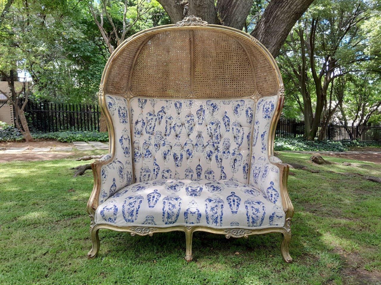 French Style Carved And Gilded Rattan & Wood Dome / Canopy Settee (Dome Modelled On The Famous Louis XV Chair)