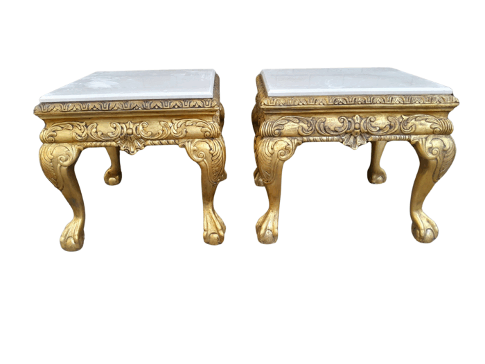 A Pair of 20th Century French Style Ornately Carved Hand Gilded Side Tables with Marble Top