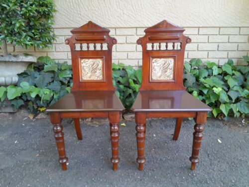 A 19th Century/Circa 1880 Pair Of Victorian Aesthetic Movement Mahogany And Tiled Hall Chairs (Useful In Bathrooms Too)