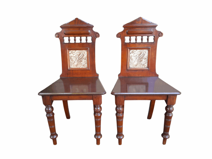 A 19th Century/Circa 1880 Pair Of Victorian Aesthetic Movement Mahogany And Tiled Hall Chairs (Useful In Bathrooms Too)
