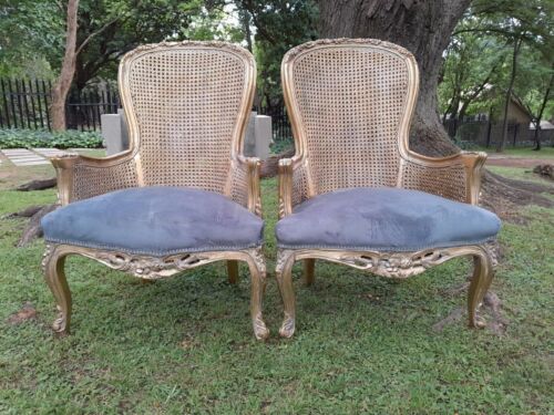 A 20th Century Pair Of French Style Rattan High Back Armchairs Hand Gilded