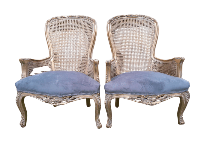 A 20th Century Pair Of French Style Rattan High Back Armchairs Hand Gilded