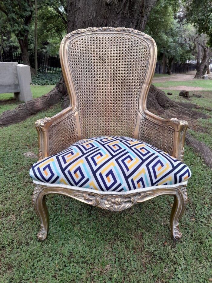 A 20th Century Pair Of French Style Rattan High Back Armchairs Hand Gilded - Image 8