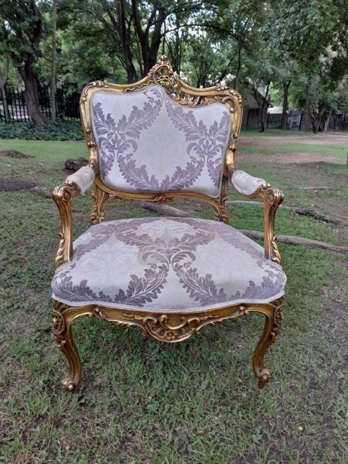 A 20th Century Pair Of French Rococo Style Ornately Carved Wooden Gilt-Wood Arm Chairs - Image 4