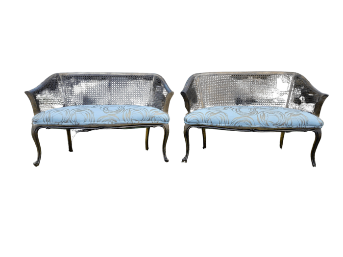 A Pair of French Style Carved and Gilded Wooden and Rattan Settees Upholstered in a Custom-Made Linen for The Crown Collection