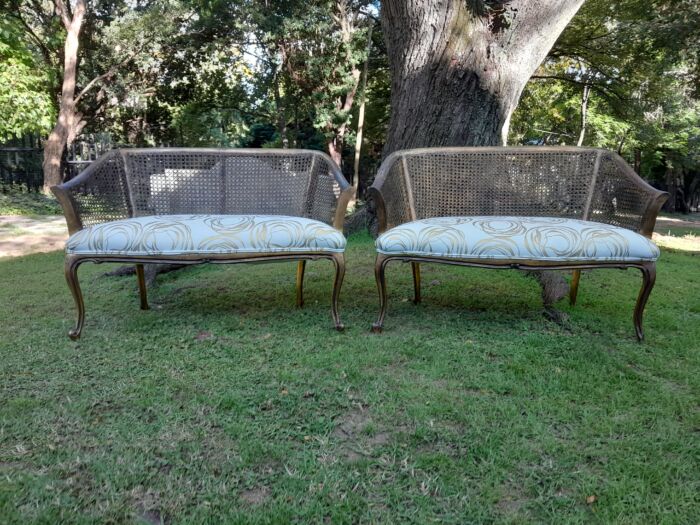A Pair of French Style Carved and Gilded Wooden and Rattan Settees Upholstered in a Custom-Made Linen for The Crown Collection - Image 2