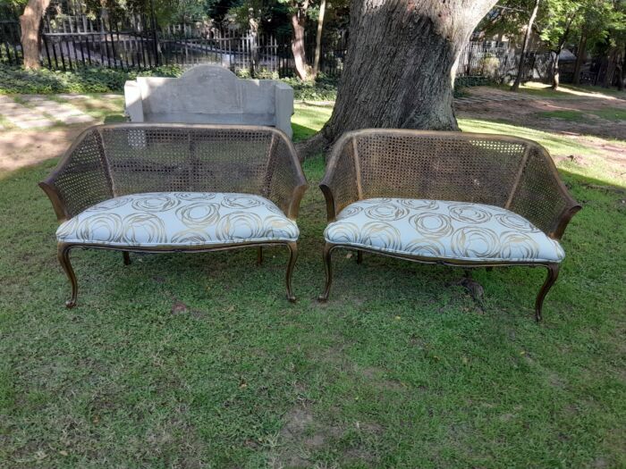 A Pair of French Style Carved and Gilded Wooden and Rattan Settees Upholstered in a Custom-Made Linen for The Crown Collection - Image 3