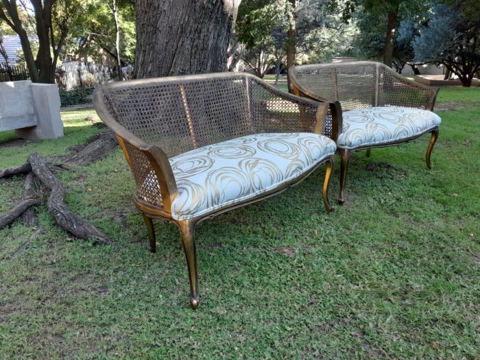 A Pair of French Style Carved and Gilded Wooden and Rattan Settees Upholstered in a Custom-Made Linen for The Crown Collection - Image 4