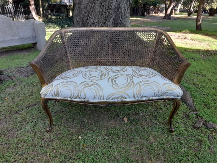 A Pair of French Style Carved and Gilded Wooden and Rattan Settees Upholstered in a Custom-Made Linen for The Crown Collection - Image 6