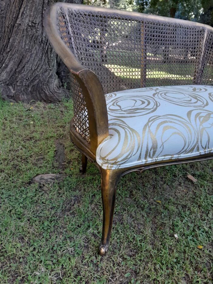 A Pair of French Style Carved and Gilded Wooden and Rattan Settees Upholstered in a Custom-Made Linen for The Crown Collection - Image 7