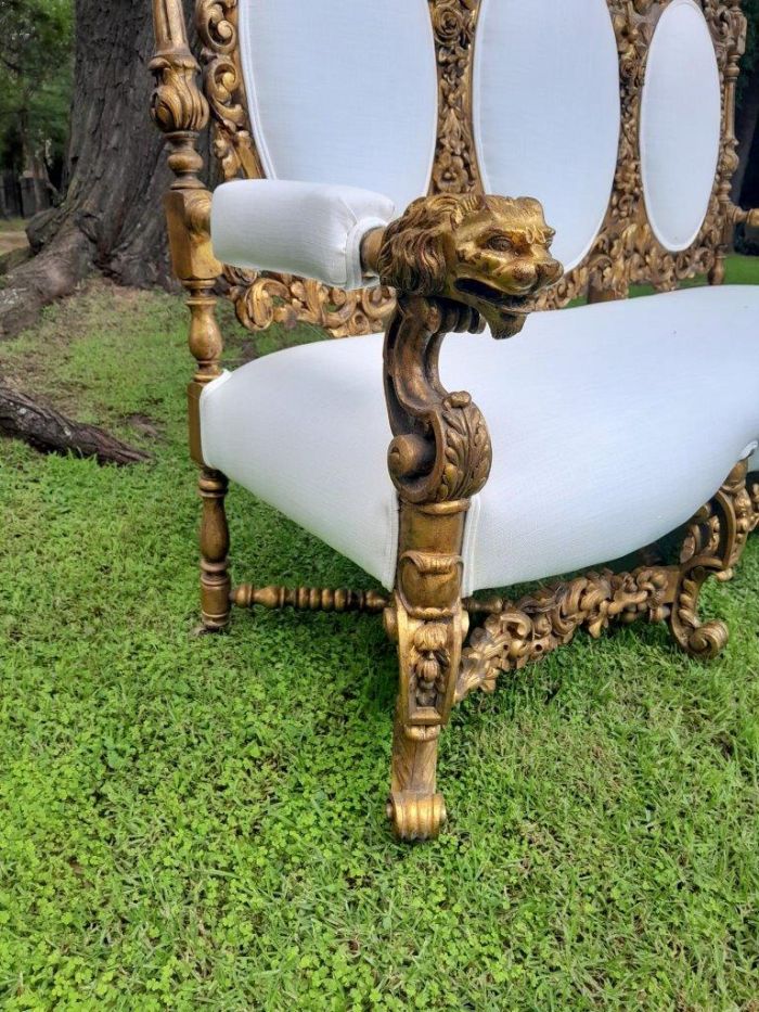 A 19th Century Ornately Carved Walnut Wood Settee Hand Gilded With Gold Leaf And Upholstered In A Linen Fabric - Image 5