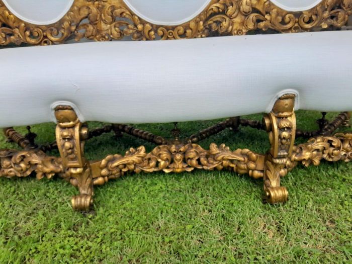 A 19th Century Ornately Carved Walnut Wood Settee Hand Gilded With Gold Leaf And Upholstered In A Linen Fabric - Image 6