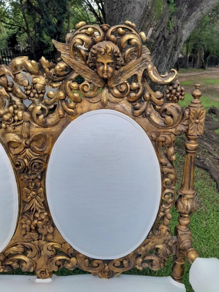 A 19th Century Ornately Carved Walnut Wood Settee Hand Gilded With Gold Leaf And Upholstered In A Linen Fabric - Image 9