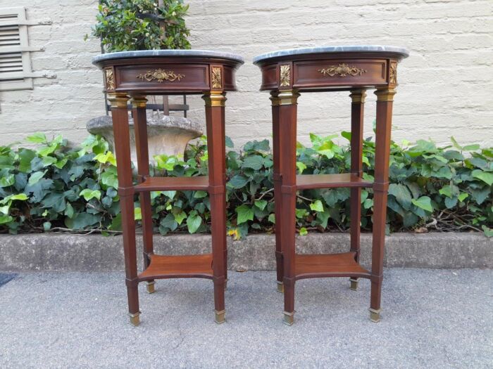 A 19th Century  Circa 1870 French (Bought In France) Antique Pair Of Empire Solid Mahogany Pedestals With Ormolu Mounts And Grey Marble Tops