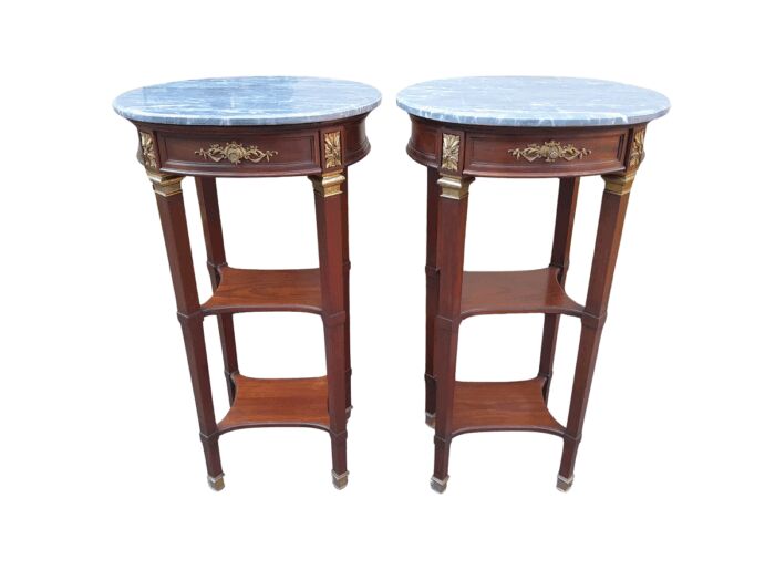 A 19th Century  Circa 1870 French (Bought In France) Antique Pair Of Empire Solid Mahogany Pedestals With Ormolu Mounts And Grey Marble Tops