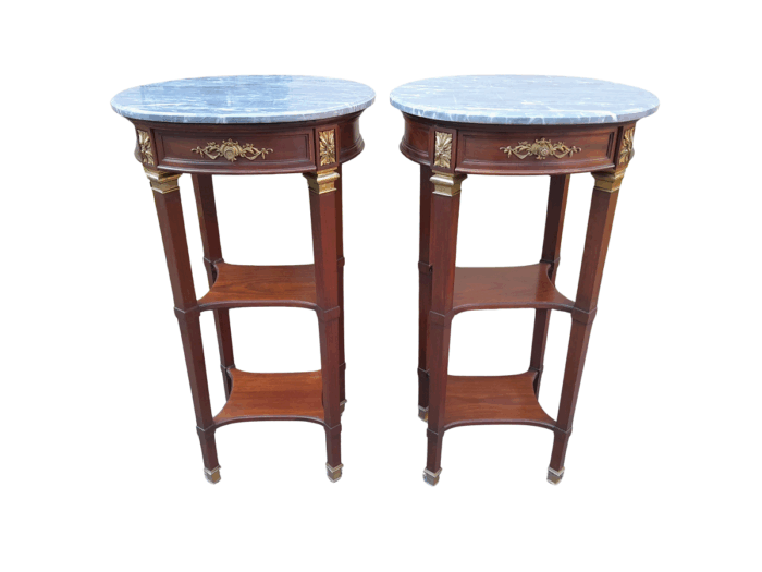 A 19th Century  Circa 1870 French (Bought In France) Antique Pair Of Empire Solid Mahogany Pedestals With Ormolu Mounts And Grey Marble Tops