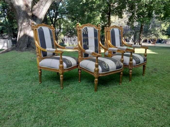 A French Style Set Of Four Ornately Carved And Gilded Armchairs In A Custom-Made Stripe And Script Linen (Also Sold As Pairs SKU 3109) - Image 3