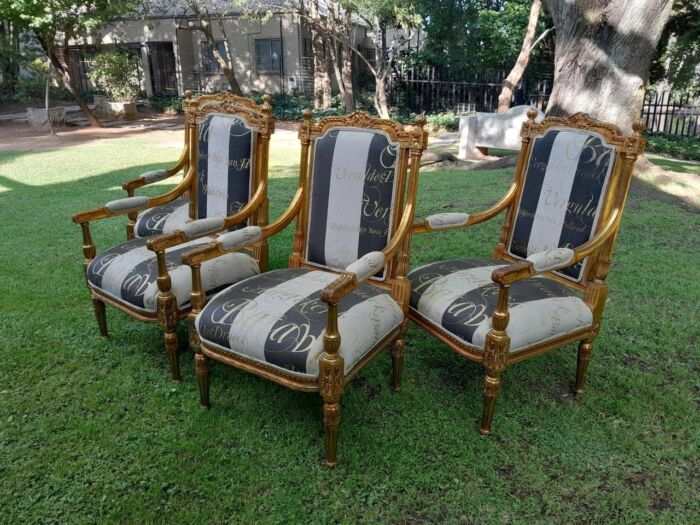 A French Style Set Of Four Ornately Carved And Gilded Armchairs In A Custom-Made Stripe And Script Linen (Also Sold As Pairs SKU 3109) - Image 4