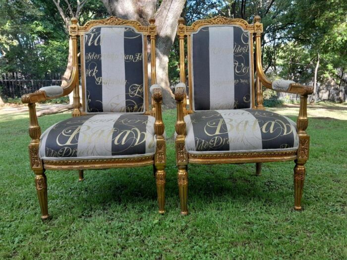 A French Style Set Of Four Ornately Carved And Gilded Armchairs In A Custom-Made Stripe And Script Linen (Also Sold As Pairs SKU 3109) - Image 5
