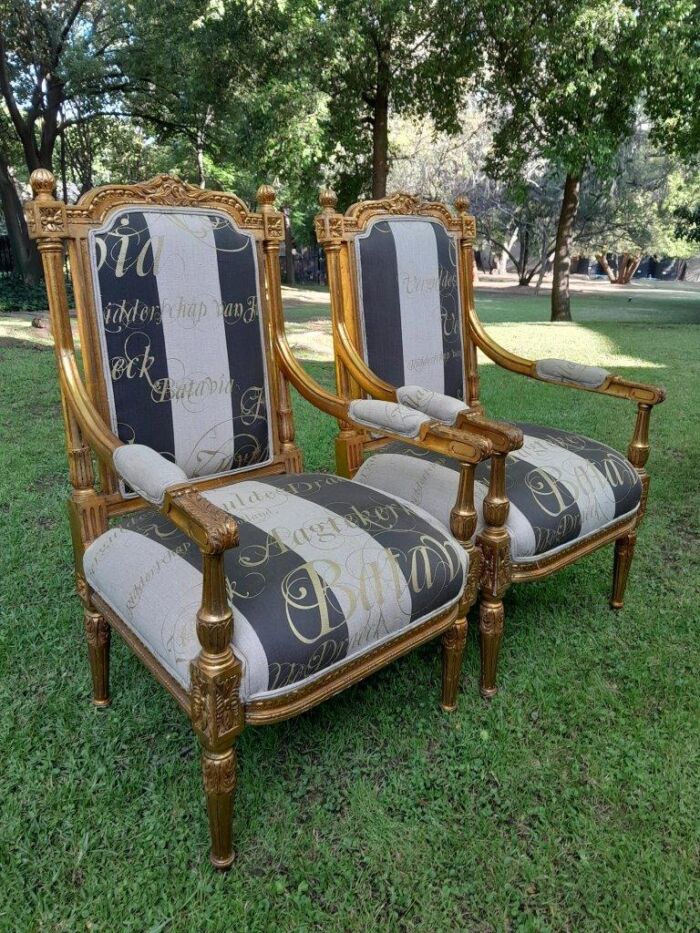 A French Style Set Of Four Ornately Carved And Gilded Armchairs In A Custom-Made Stripe And Script Linen (Also Sold As Pairs SKU 3109) - Image 6